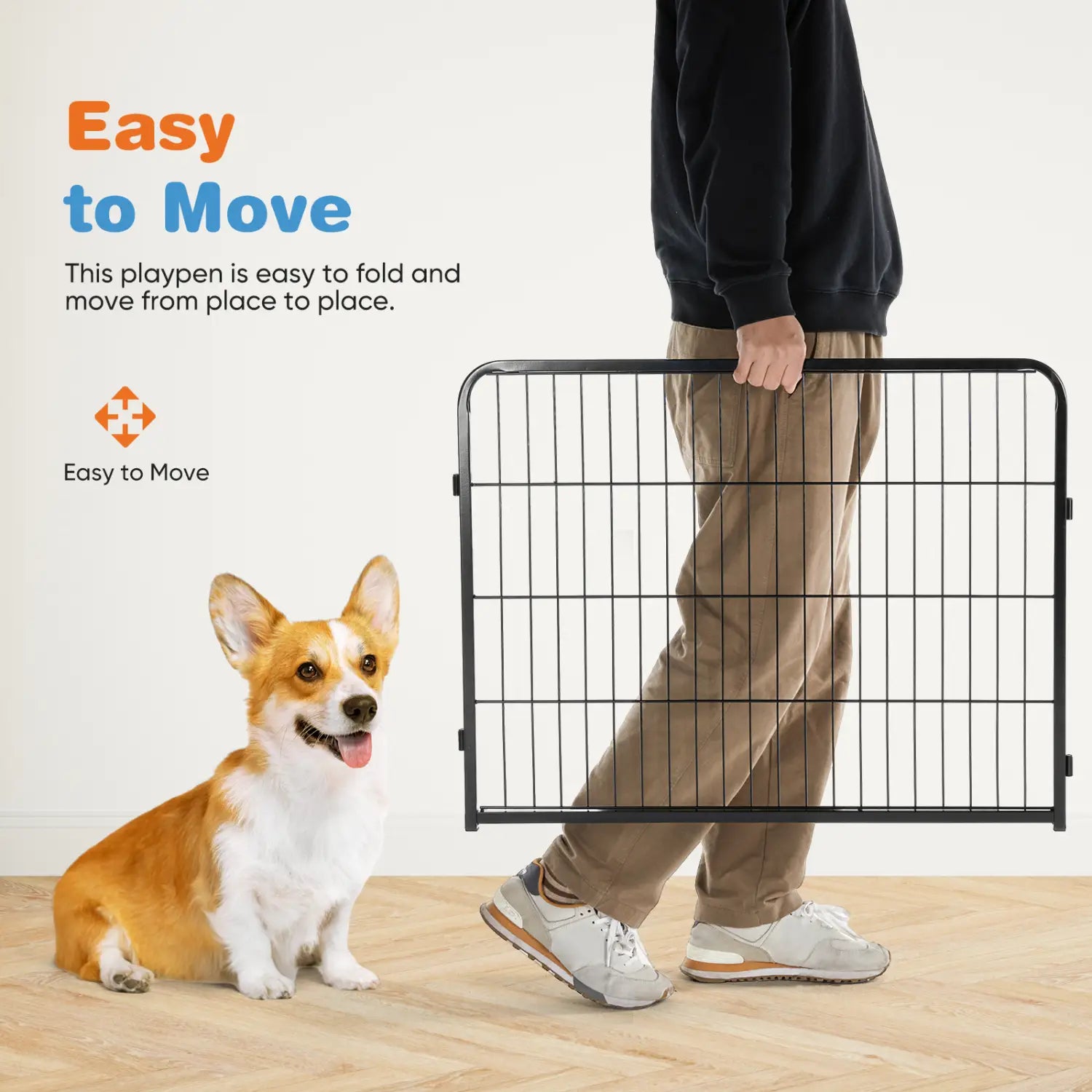 Black metal folding playpen gate designed as a heavy duty metal dog playpen and exercise fence.