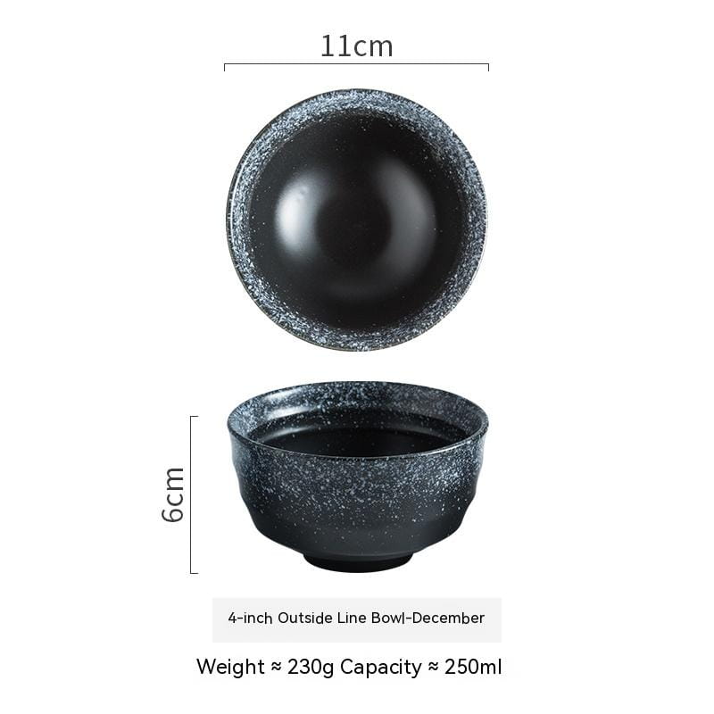 Black ceramic bowl with a speckled textured rim and smooth interior made of porcelain for retro rice tableware 4 inch.
