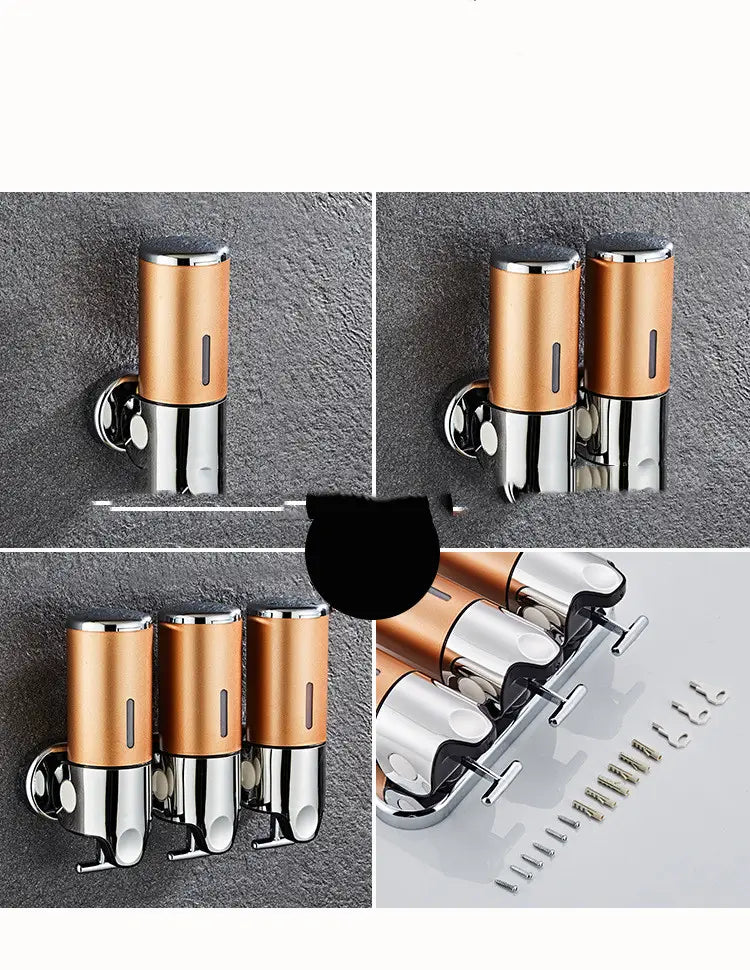 modern copper and chrome wall mounted soap dispenser with sleek cylindrical dual-spray design and abs pump