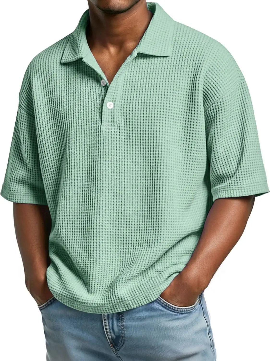 Men’s slim fit waffle knit short sleeve polo shirt in light green with a classic collar and textured fabric.
