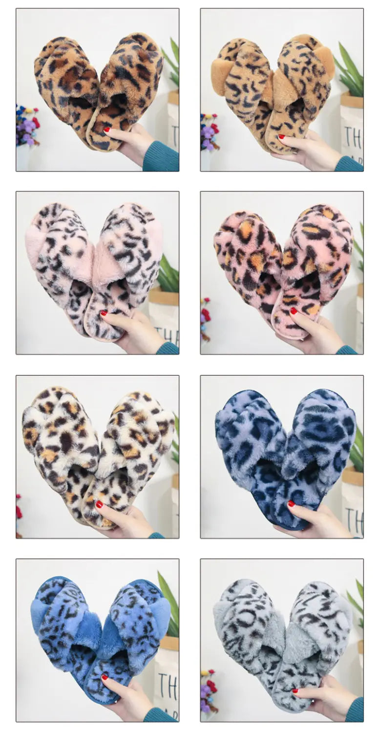 soft plush heart-shaped leopard fuzzy cross strap plush house slippers in tan pink blue and gray colors with various leopard print patterns
