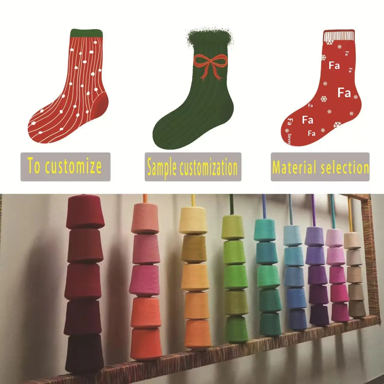 Custom crew socks unisex cotton mid calf socks featuring red and green holiday-themed festive patterns with ribbed cuffs and decorative bows.