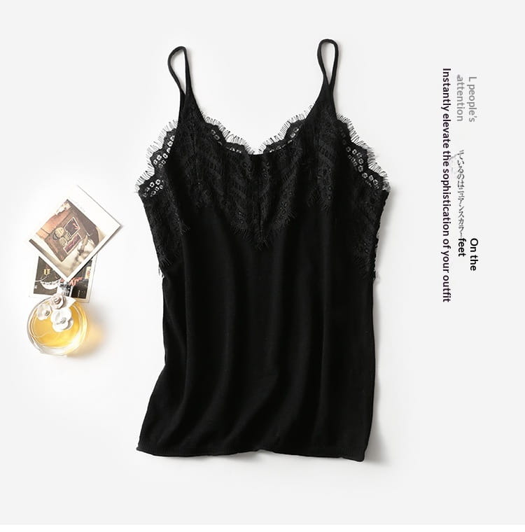Black lace trim camisole top featuring delicate floral embroidery and frayed edges with spaghetti straps.