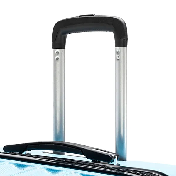 Silver telescoping handle with black ergonomic grip and metallic rivets on a 3-in-1 blue textured rolling hardshell suitcase set.