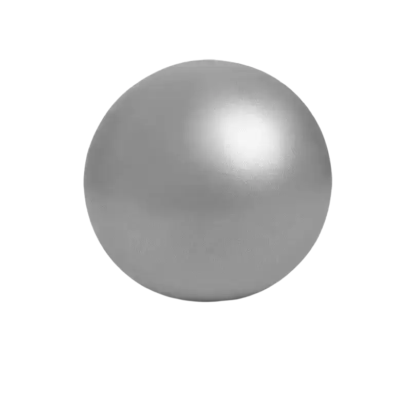 A smooth spherical pearl with lustrous silver sheen featured on a 25cm mini yoga ball straw ball pink