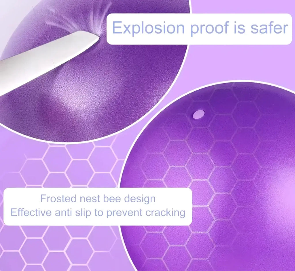 Purple spherical 25cm fitness yoga ball with frosted hexagonal pattern and textured surface for core exercise