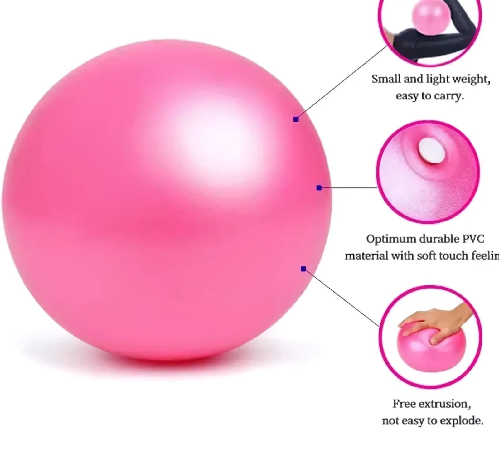 A vibrant pink 25cm fitness yoga ball with a smooth pvc surface designed for core exercise