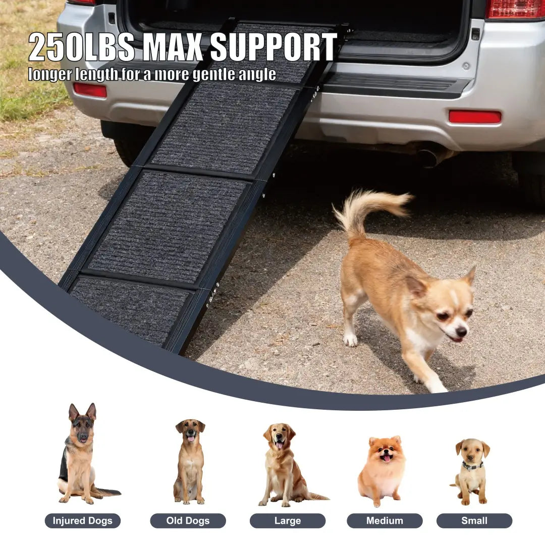Rampa negra plegable portátil para mascotas con textura y marco resistente, diseñada para un acceso seguro a vehículos que soporta hasta 250 lb.