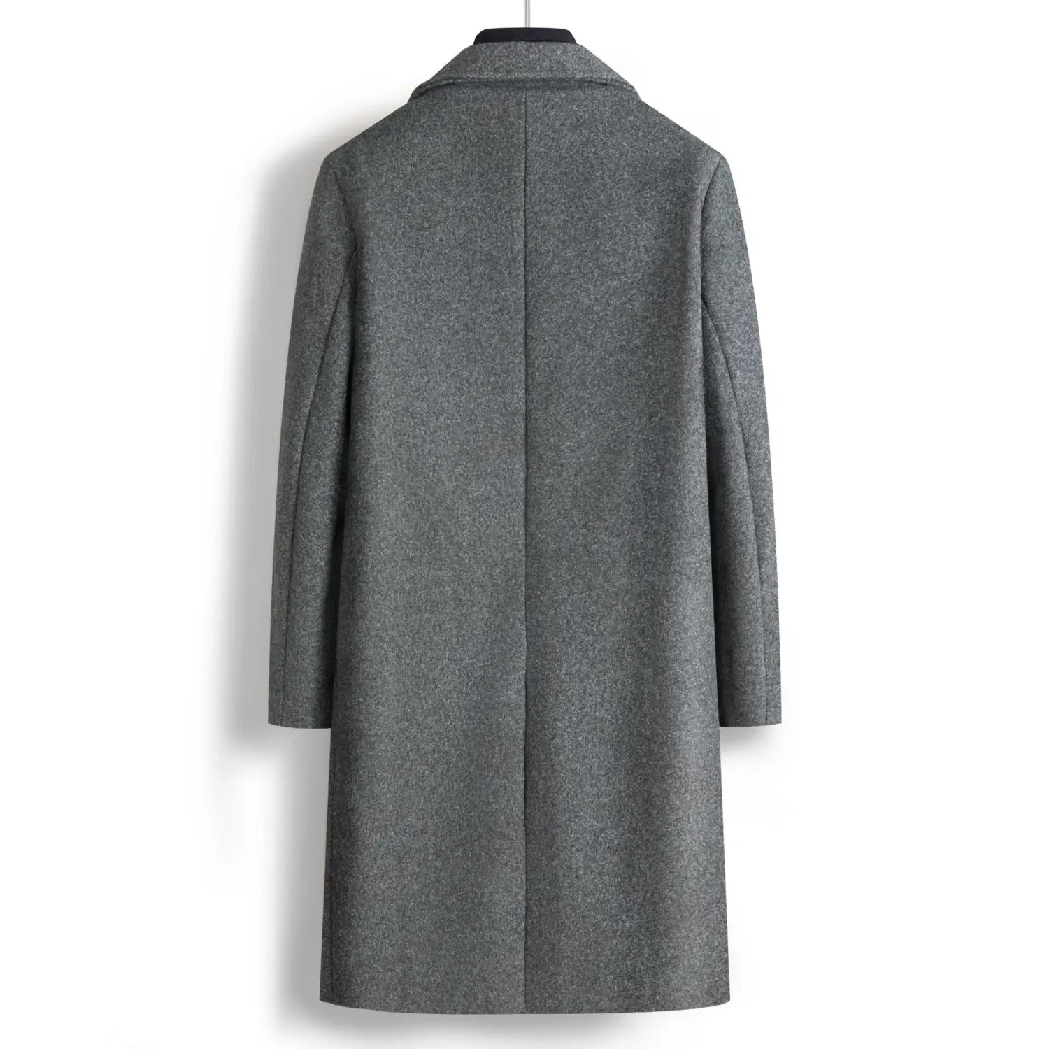 Men double breasted wool overcoat mid length coat in classic gray with a notched collar and straight cut sleeves.