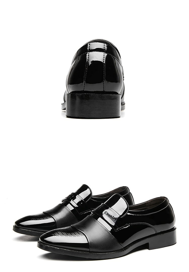 Men’s black patent leather lace-up dress shoes with glossy finish and gold-tone buckle for business and formal wear