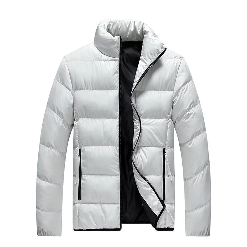 Doudoune matelassée en coton thermique pour hommes en blanc, avec glissière noire et finitions.