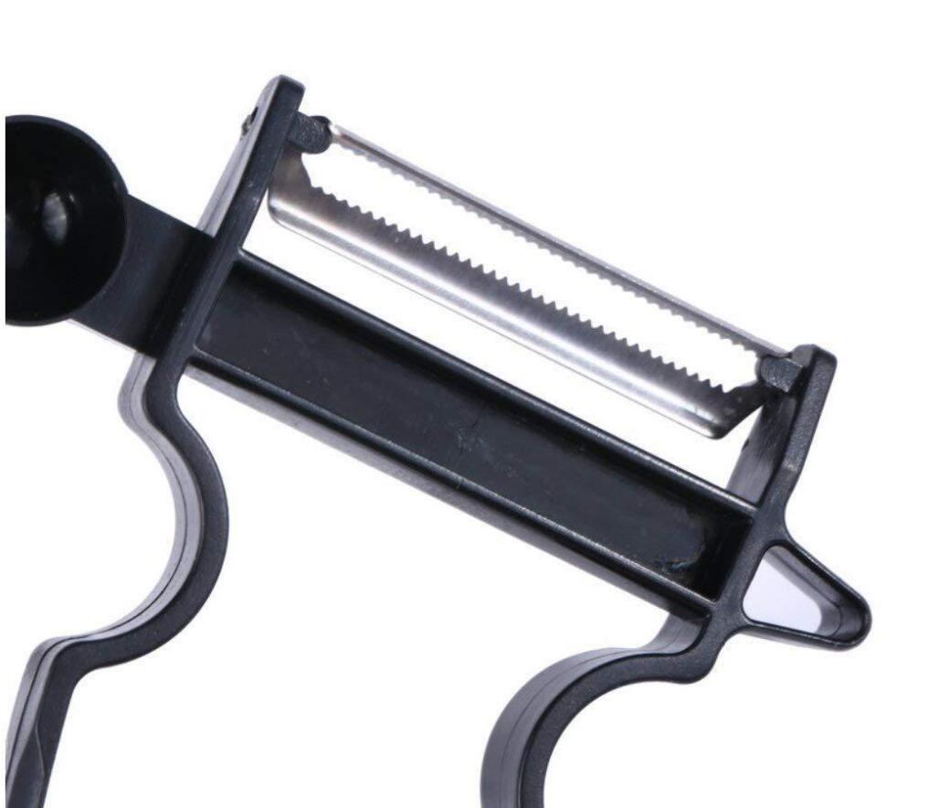 Black plastic-handled vegetable peeler with a stainless steel blade featuring fine evenly spaced teeth from the stainless steel vegetable peeler set 3 pack.