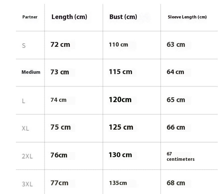 Size chart for glossy hooded down puffer jacket by partner brand showing garment measurements in centimeters across sizes S through 3XL.