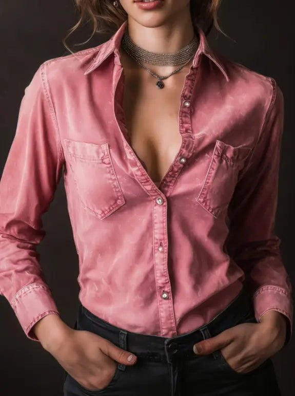 Une chemise boutonnée à manches longues de couleur rose tendre, avec une texture légèrement usée et deux poches poitrine, présentée dans le cadre d’un produit de chemise de type col en denim turquoise déchiré.