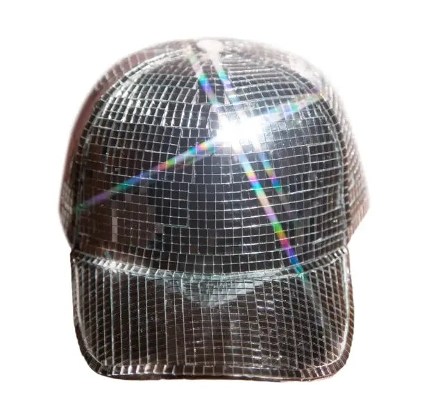 A shimmering silver disco ball peaked cap made of reflective tiles that catch and refract light into rainbow hues suitable for disco parties.