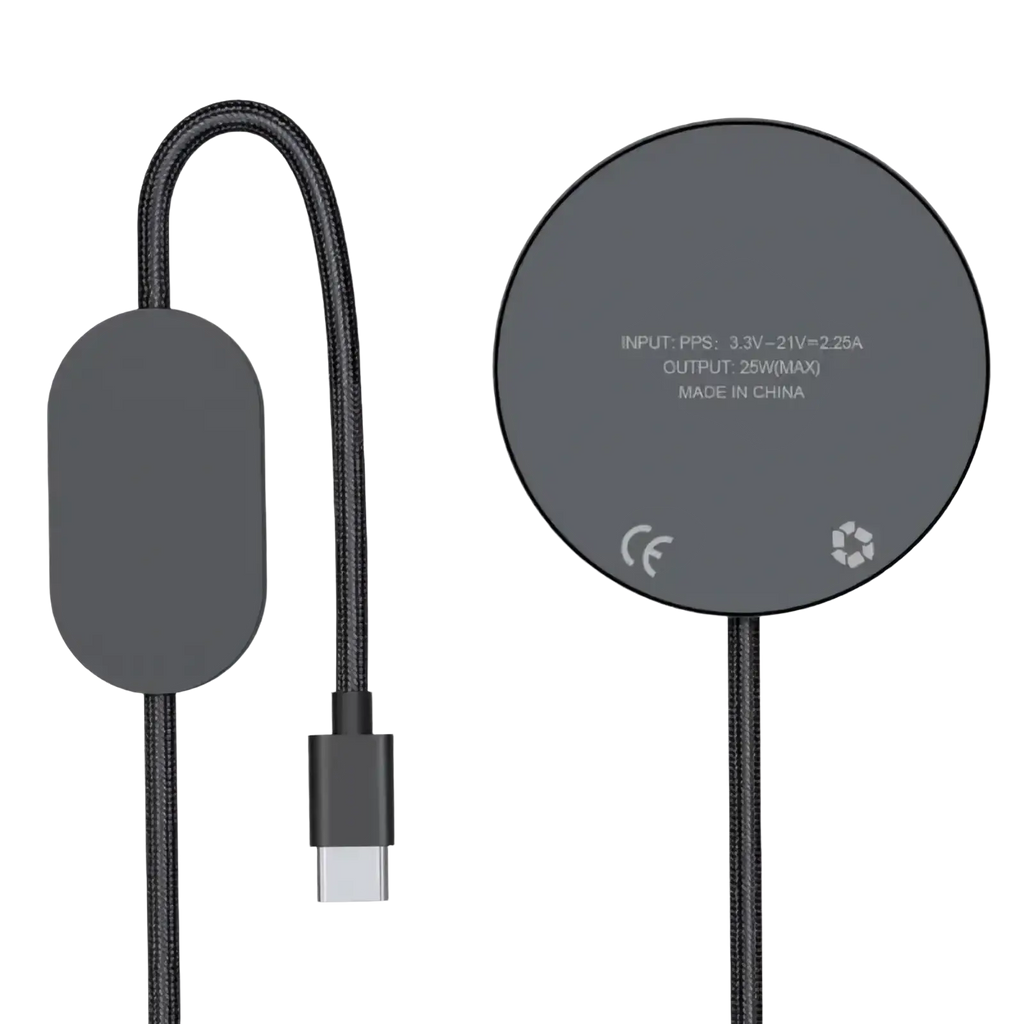 Black 25w fast wireless charging pad for phones with braided cable and usb-c connector for efficient charging
