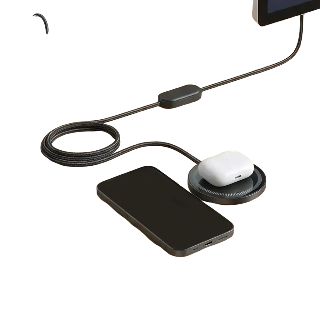 Black braided charging cable with sleek rectangular inline switch and coiled design for 25w fast wireless charging pad