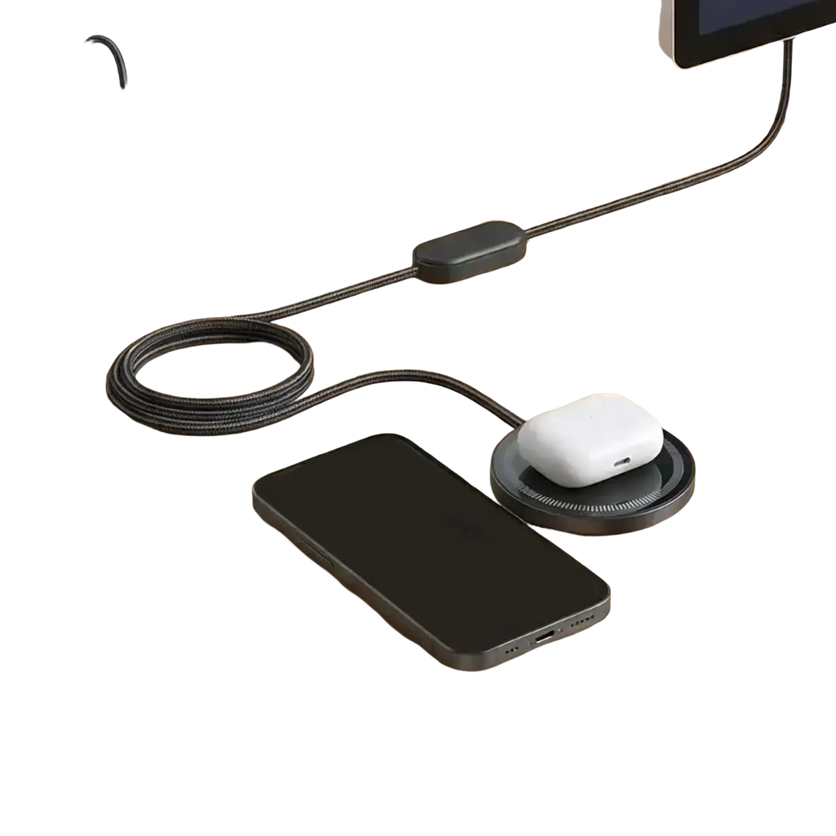 Black braided charging cable with sleek rectangular inline switch and coiled design for 25w fast wireless charging pad