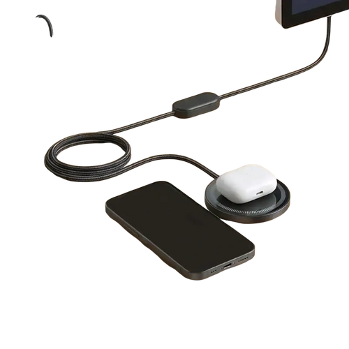 Black braided charging cable with sleek rectangular inline switch and coiled design for 25w fast wireless charging pad