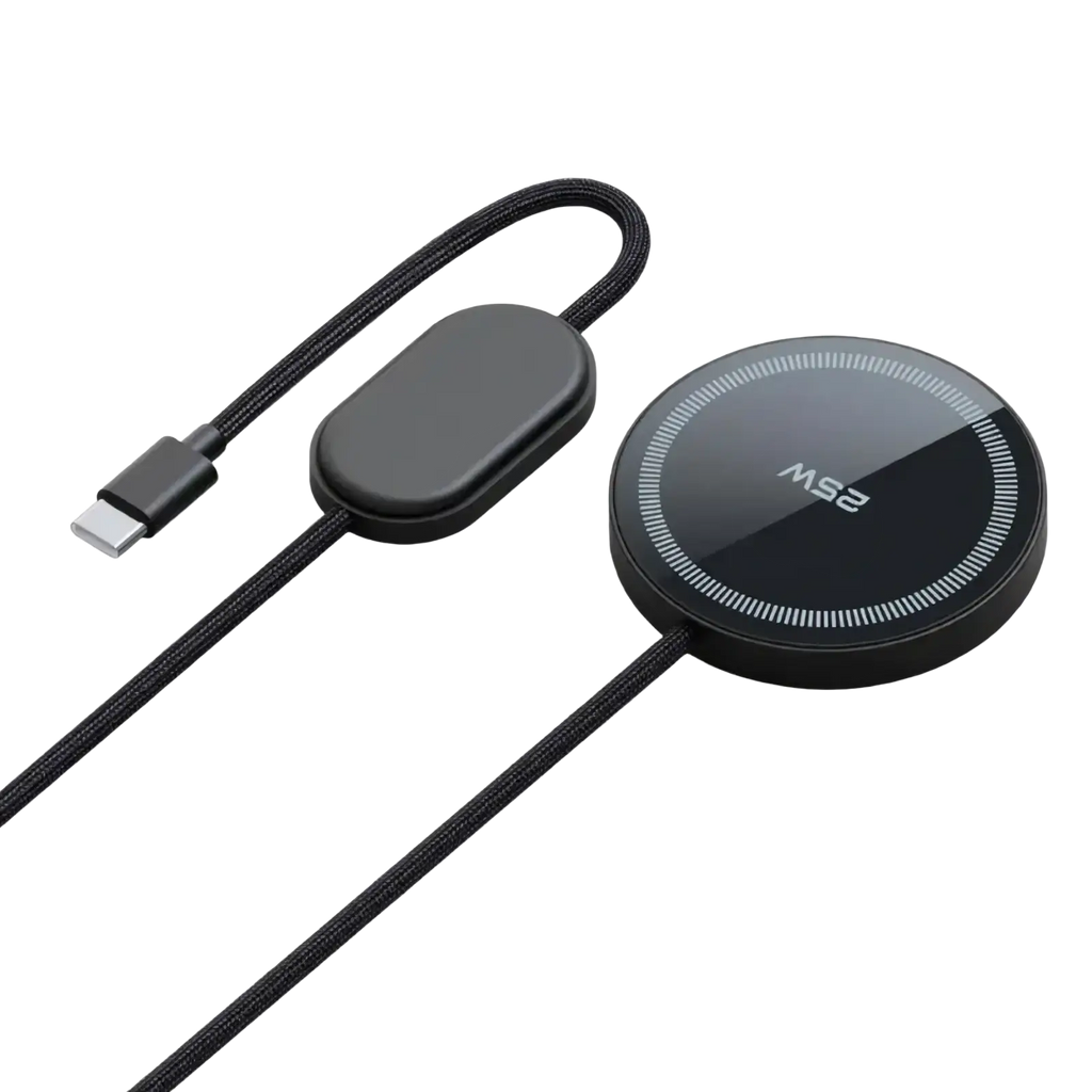Black circular 25w fast wireless charging pad with braided usb-c cable and ms2 logo on glossy surface