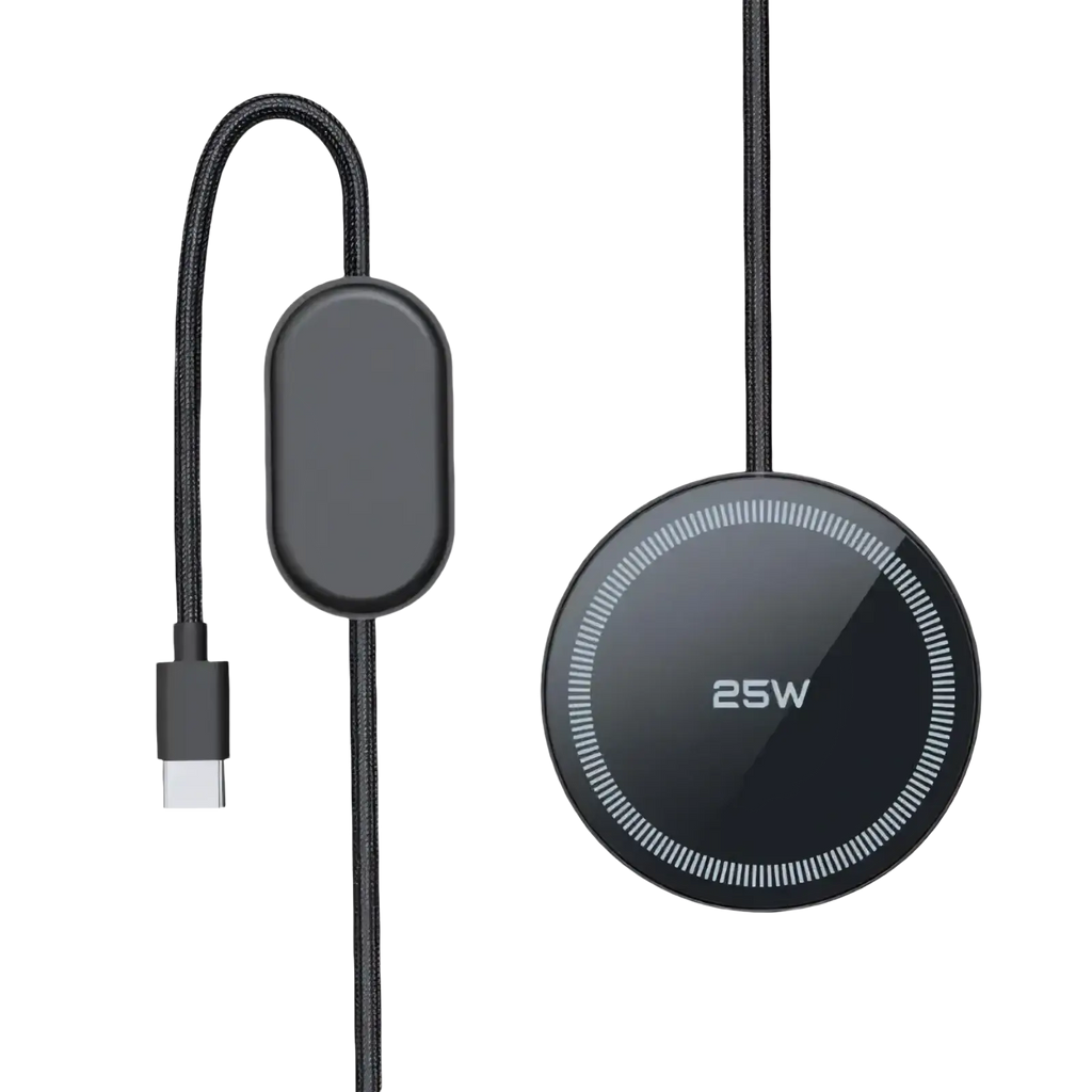Black circular 25w fast wireless charging pad with braided usb-c cable for phones