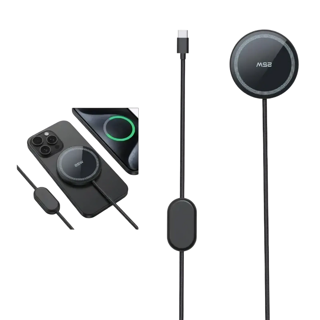 25w fast wireless charging pad in black with a sleek glossy finish and subtle white led ring accents for phones