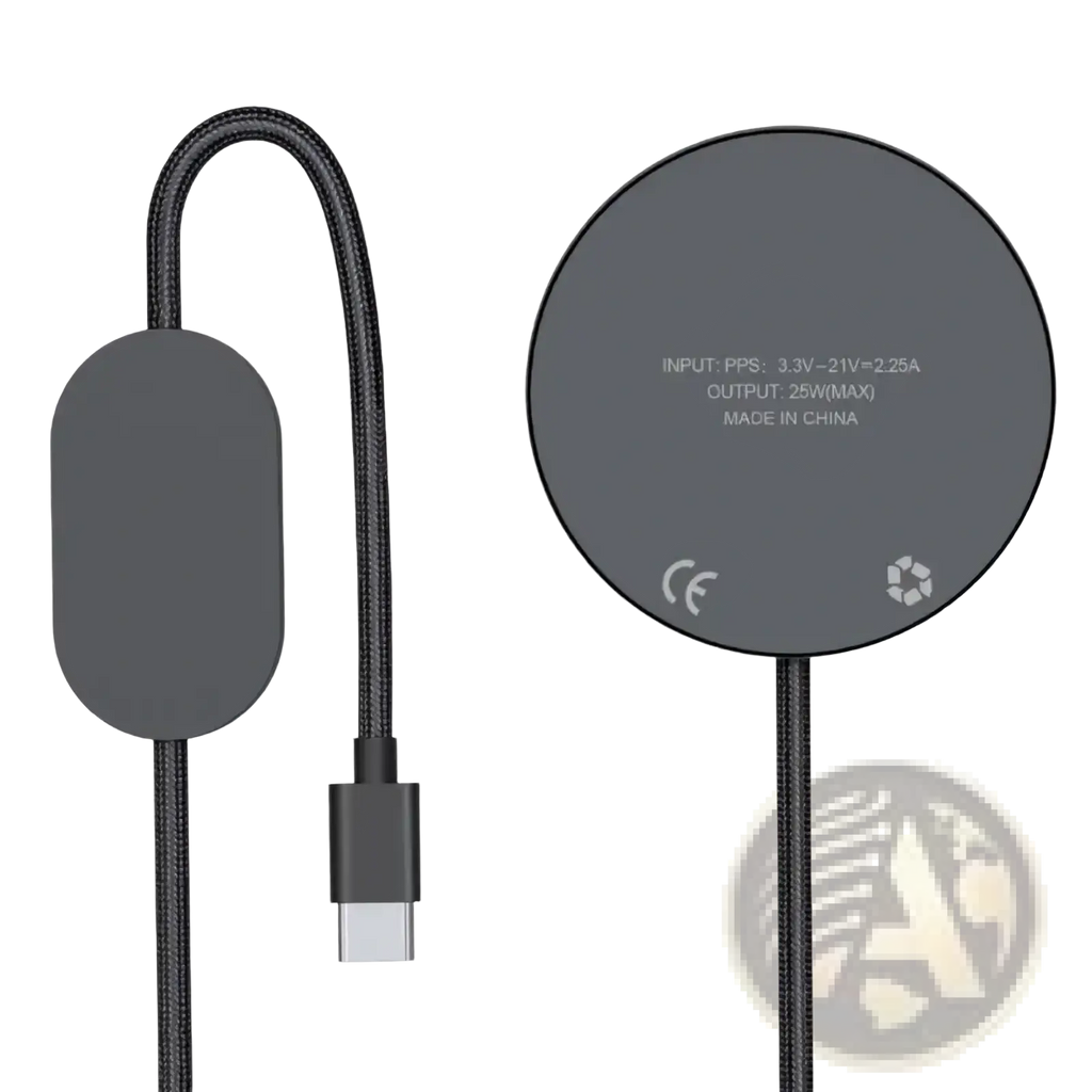 Black 25w fast wireless charging pad for phones with braided cable and usb-c connector for efficient charging