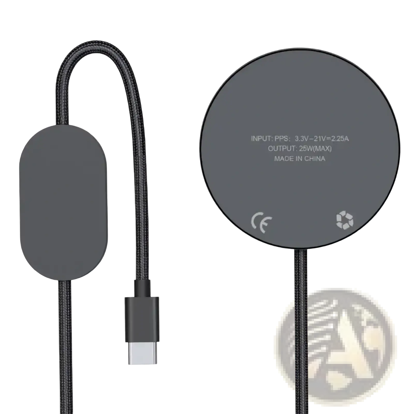 Black 25w fast wireless charging pad for phones with braided cable and usb-c connector for efficient charging