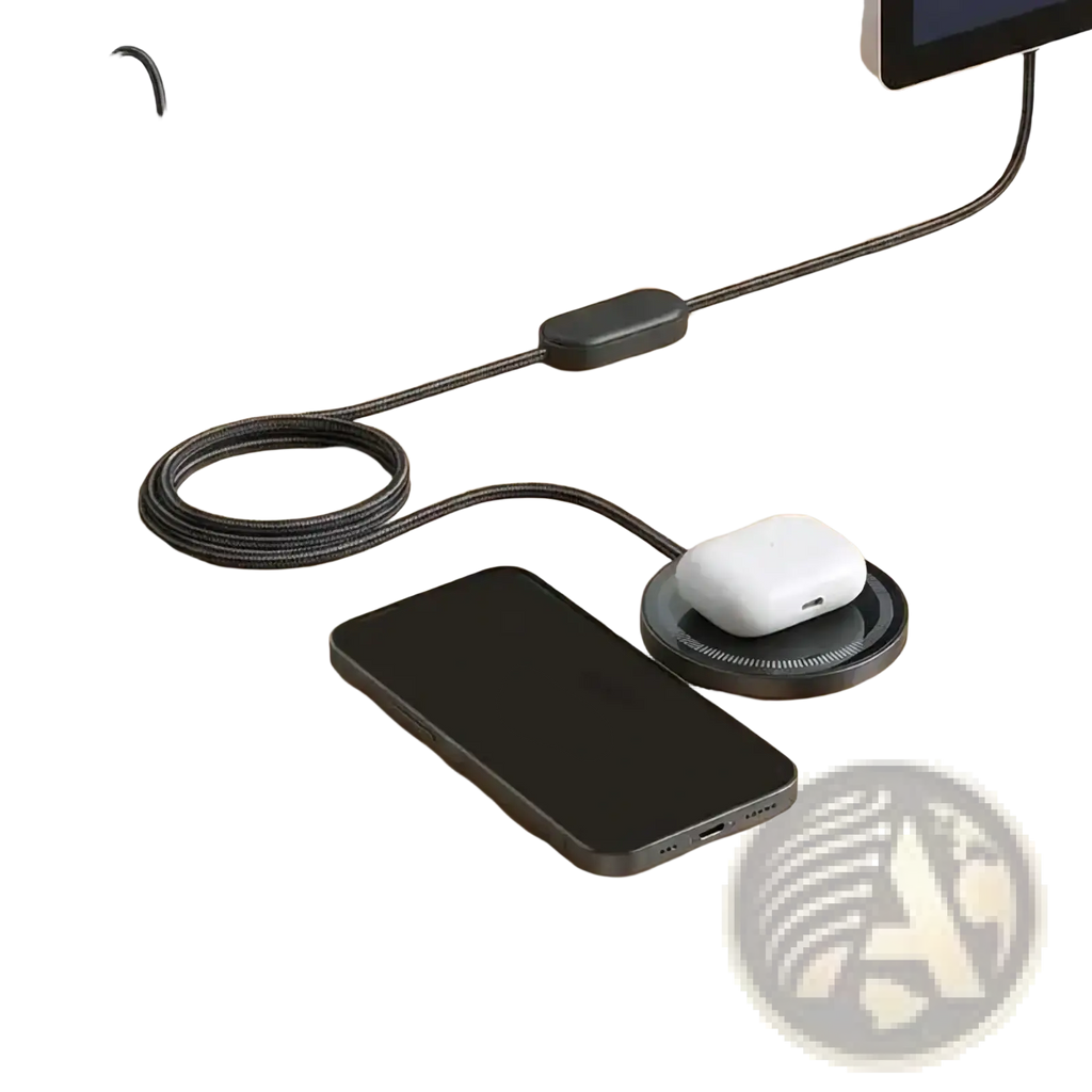 Black braided charging cable with sleek rectangular inline switch and coiled design for 25w fast wireless charging pad