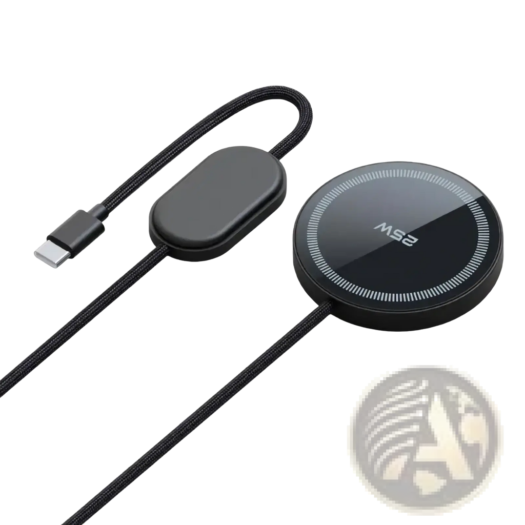 Black circular 25w fast wireless charging pad with braided usb-c cable and ms2 logo on glossy surface