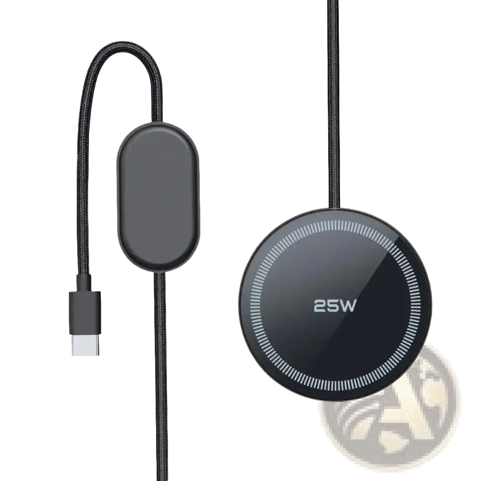 Black circular 25w fast wireless charging pad with braided usb-c cable for phones
