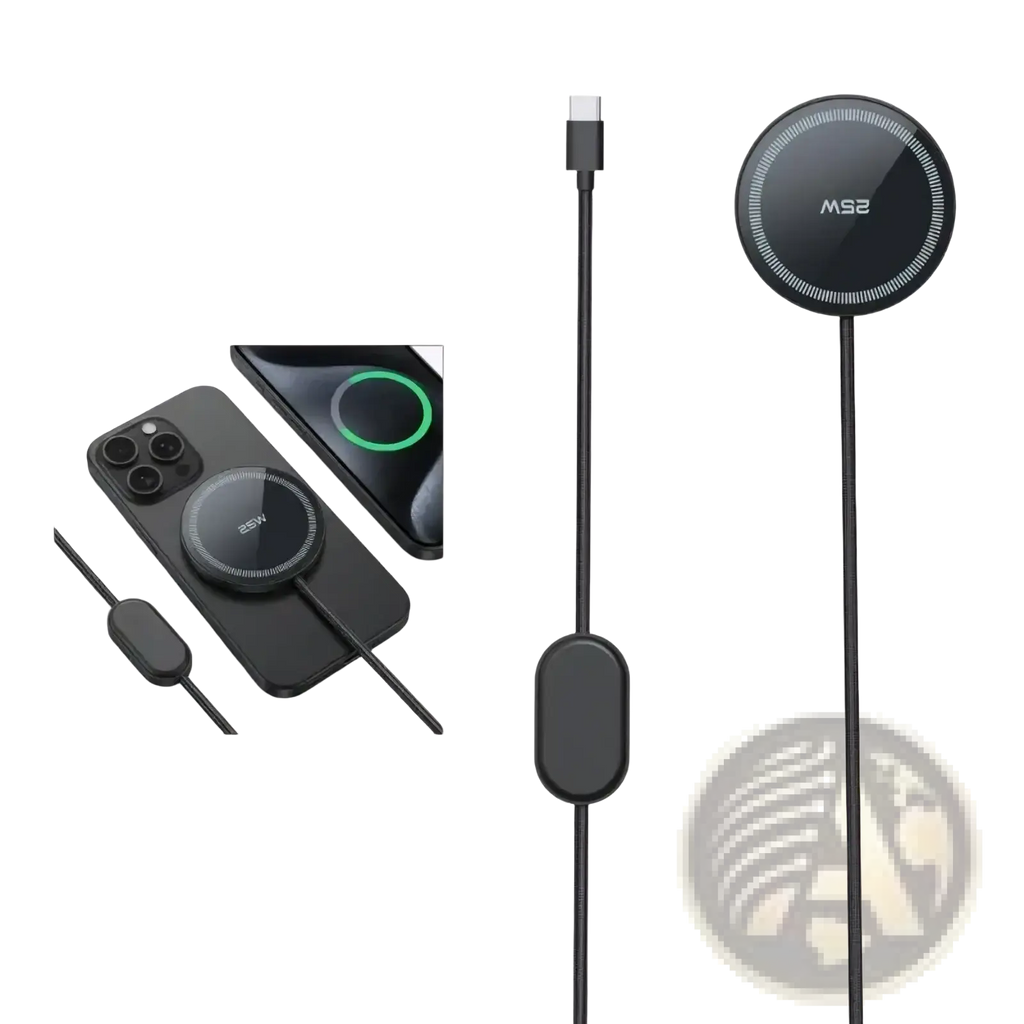 25w fast wireless charging pad in black with a sleek glossy finish and subtle white led ring accents for phones