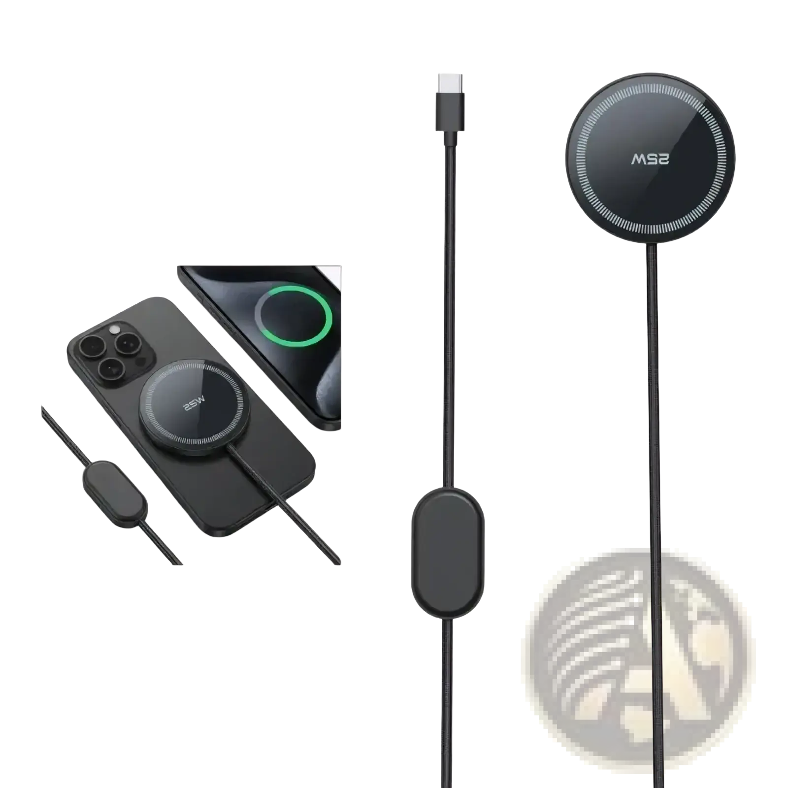 25w fast wireless charging pad in black with a sleek glossy finish and subtle white led ring accents for phones