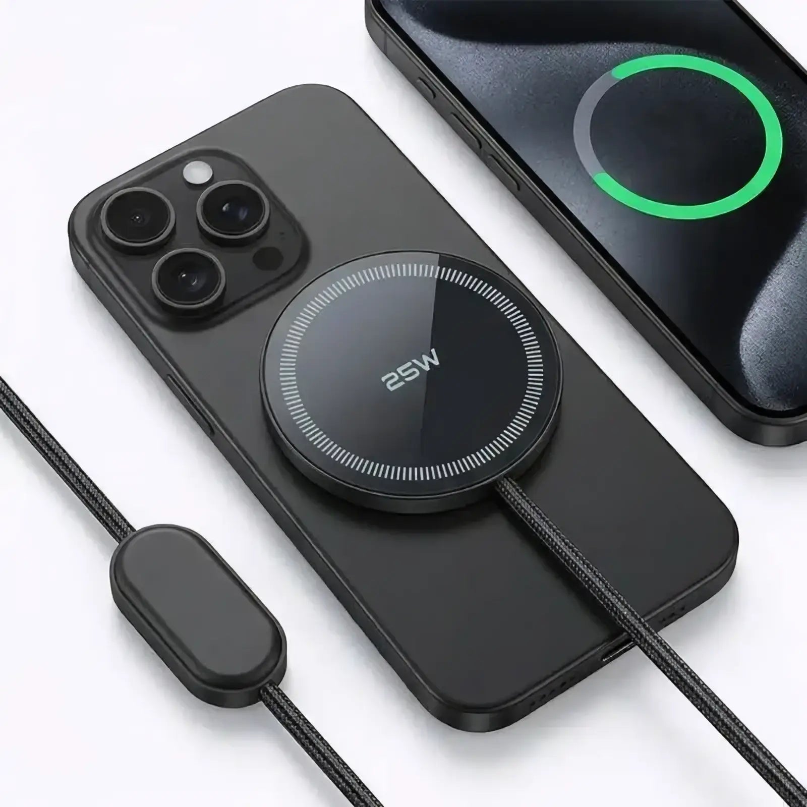 Black circular 25w fast wireless charging pad with braided cable connected to smartphone for efficient phone charging