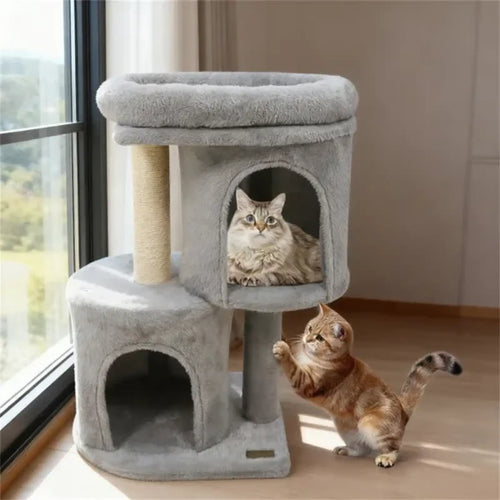 Gray plush 26 inch compact cat tree with dual condos and sisal scratching posts for indoor cat use