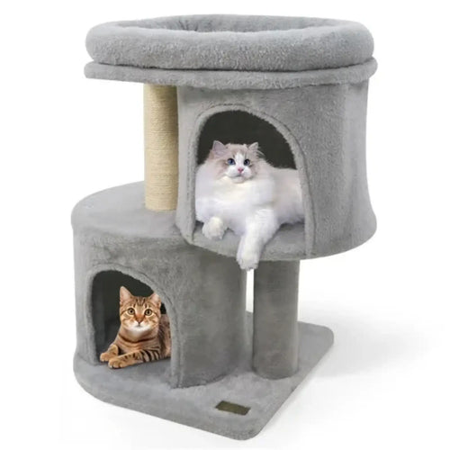 Gray plush 26 inch compact cat tree with dual condos and sisal scratching posts for small cats