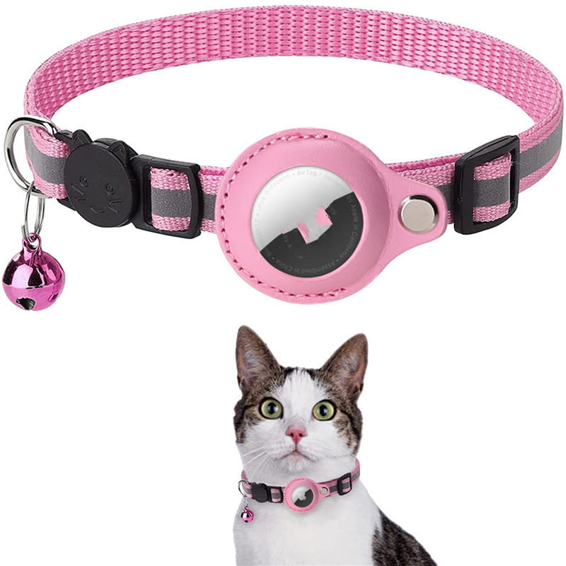 Collier pour chat en tissu tissé réfléchissant, avec Airtag, couleur rose, boucle de sécurité en plastique noir, étui circulaire assorti pour traceur couleur rose, et clochette métallique.