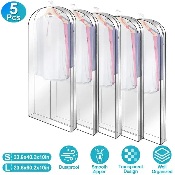 sac de rangement pour vêtements à suspendre, lot de 5, housses transparentes montrant des sacs pour vêtements transparents avec des fermetures à glissière lisses et des formes supérieures arquées