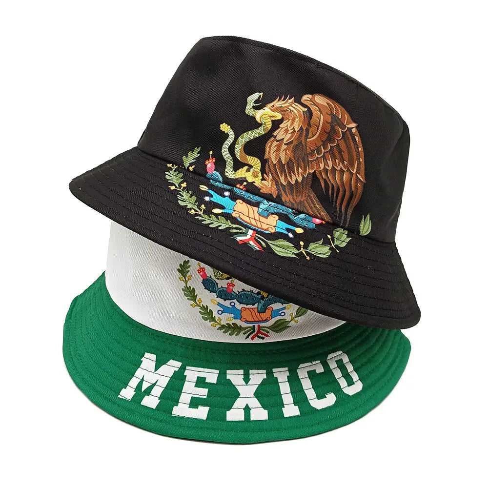 Black bucket hat featuring an embroidered Mexican flag emblem with a golden eagle, green snake, and cactus on a white band designed for sun protection.