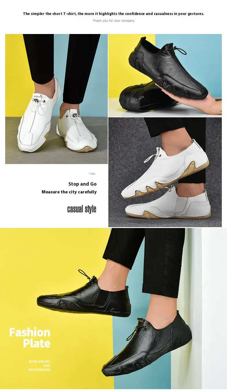 Chaussures de sport décontractées à enfiler pour homme en cuir véritable noir, avec un design minimaliste épuré et des détails texturés discrets sur l’avant