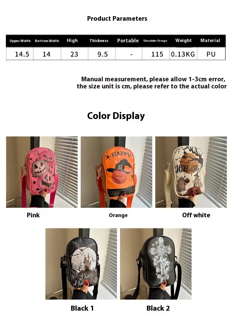 Pink Halloween-themed PU crossbody bag with embroidered floral and pumpkin design featuring a smiling pumpkin face and black stitched details.