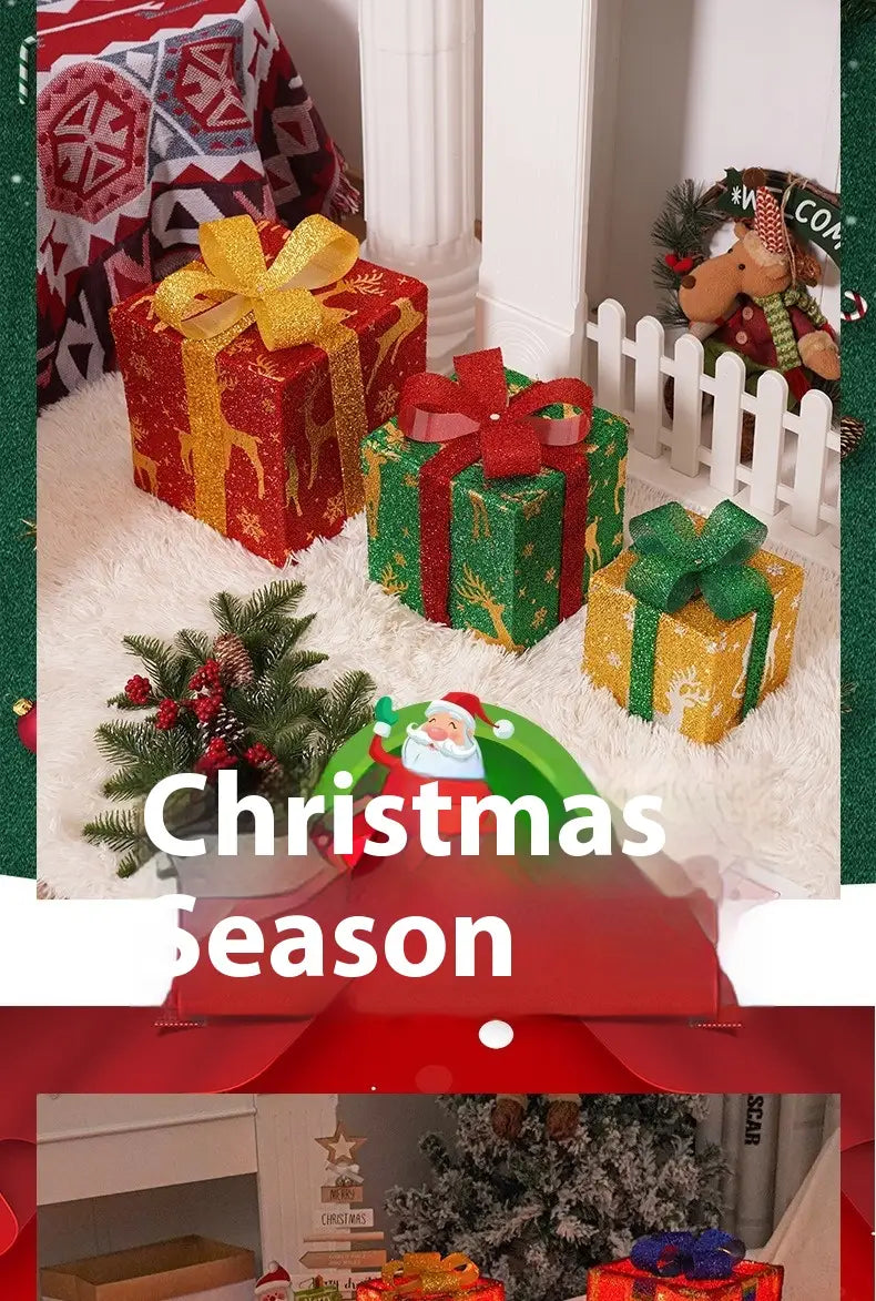 led christmas gift box set featuring red and gold glittery boxes with decorative glitter bows for festive holiday wrapping.