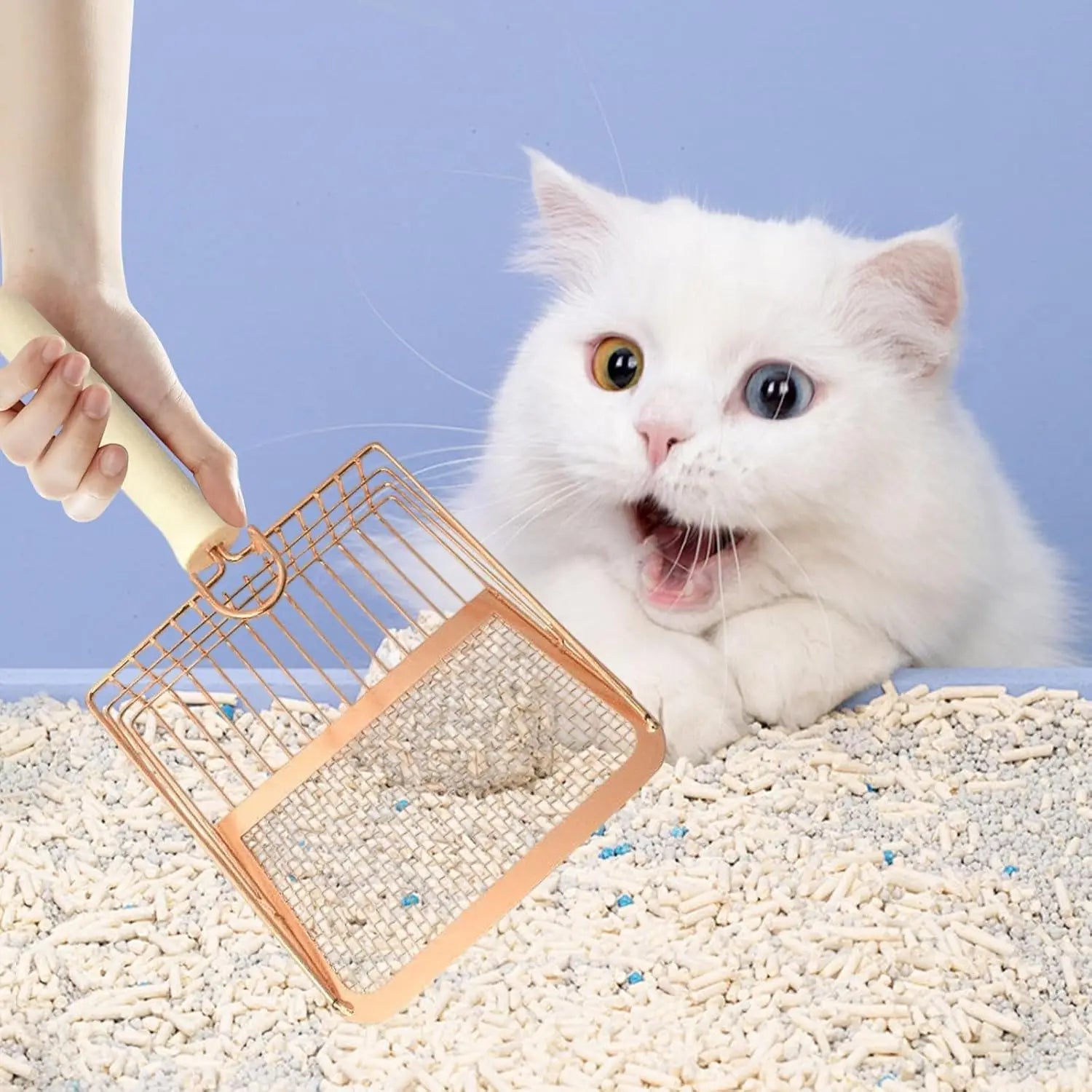 Rose gold metal cat litter scoop with a cream-colored wood handle for convenient pet care.