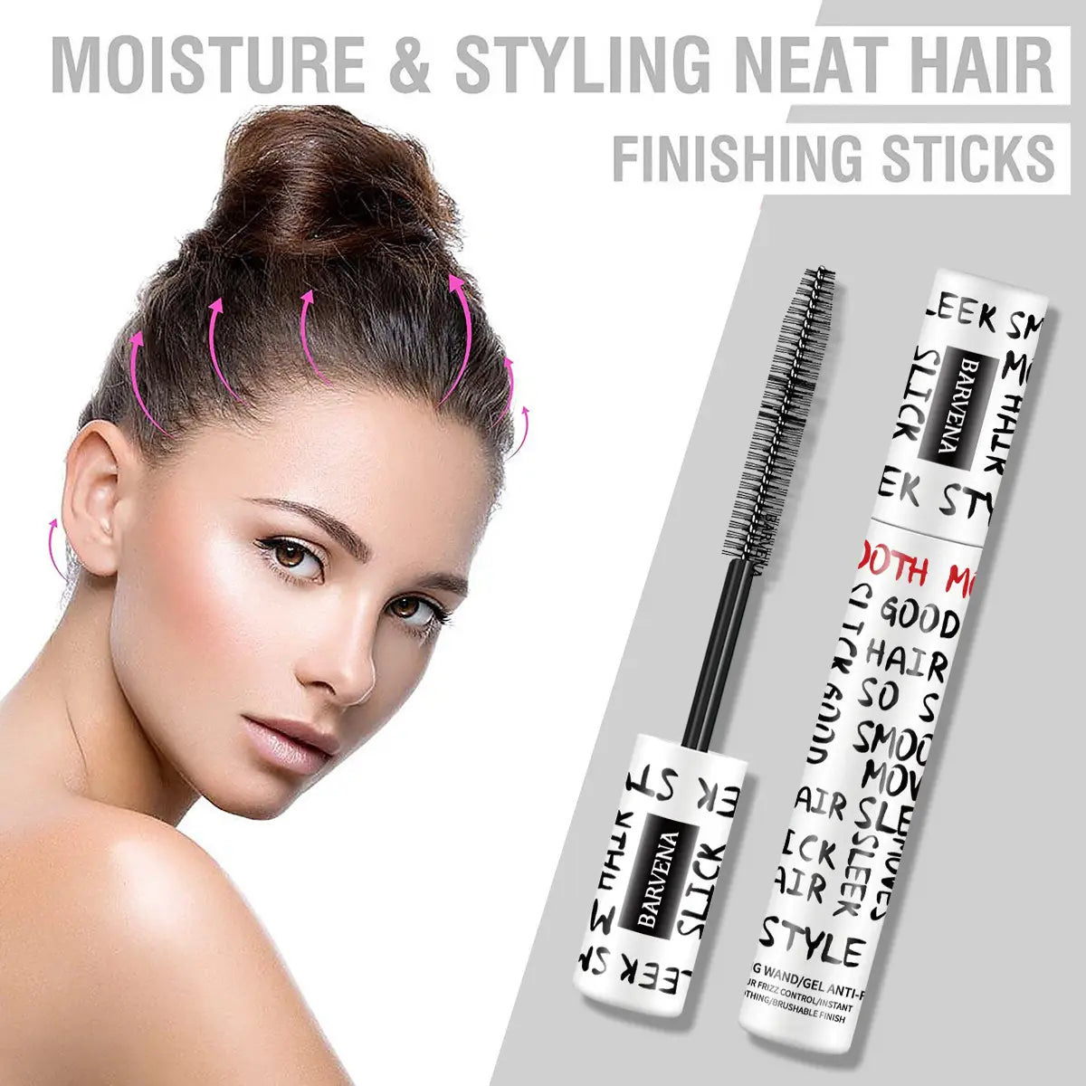 Bâton de contrôle des frisottis pour cheveux en cylindre blanc, avec applicateur à brosse et marquage barvena noir et rouge, pour une utilisation portable de coiffage et de finition.