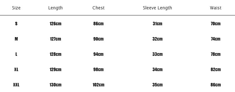 Size chart for button front denim midi dress with puff sleeves showing garment measurements in centimeters for sizes S through XXL.