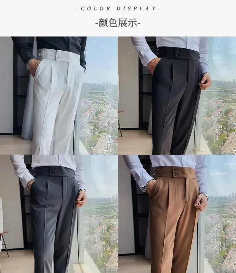 Mens tailored pleated slim fit trousers in light gray charcoal black dark gray and tan showcasing Korean style elegance.