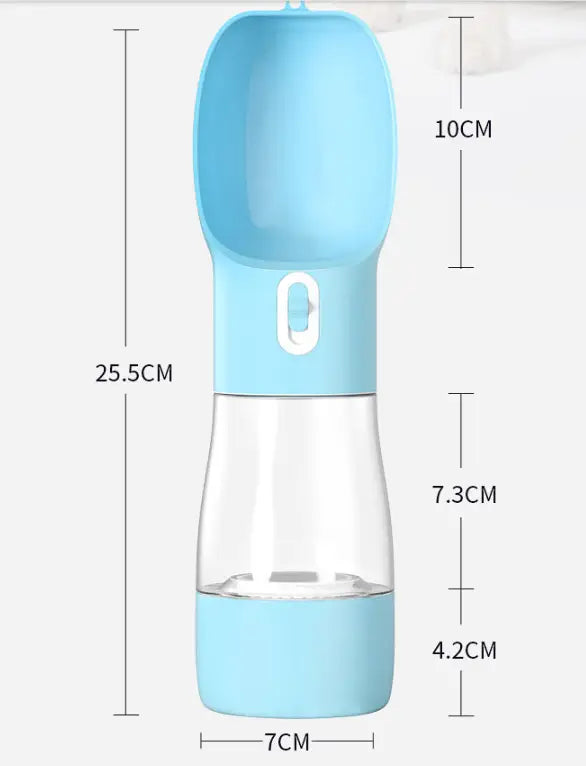 portable pet water bottle for outdoor walks made of light blue silicone and transparent plastic with a spout for easy drinking