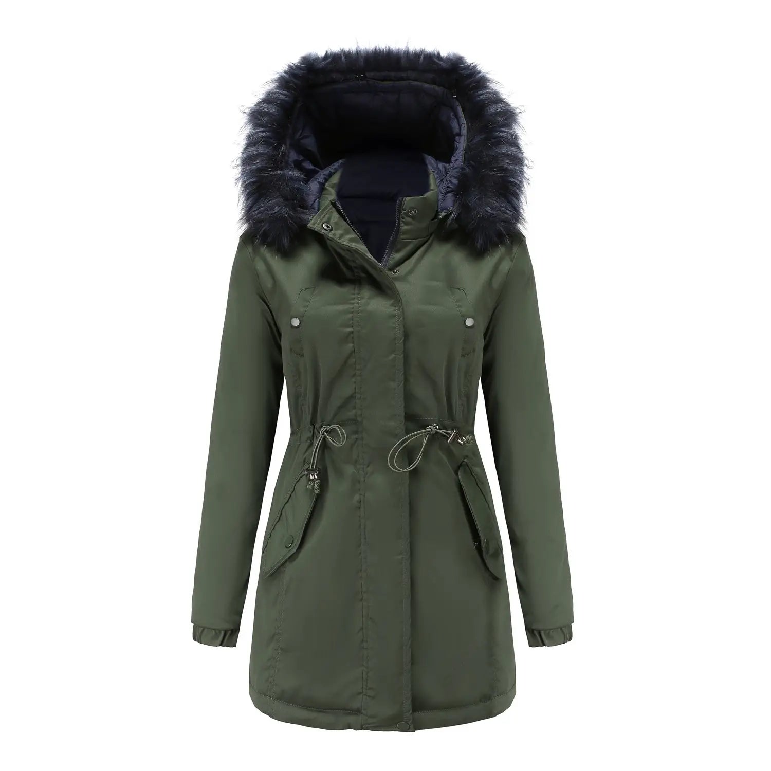 Olive green reversible fur collar quilted parka with a plush dark fur-lined hood and drawstring waist designed for winter wear.