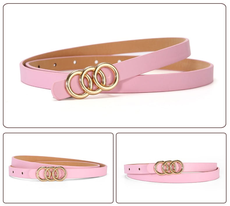 Cinturón de cuero rosa para mujer con hebilla triple anilla de tono dorado.