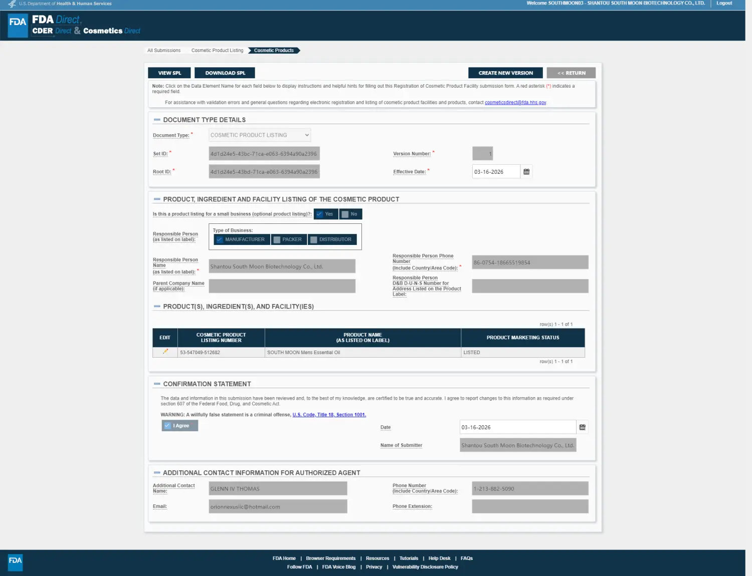 Fda cdrh cosmetics dashboard interface showing a form for submitting a listing of men’s essential oil jojoba massage vitality 10ml.